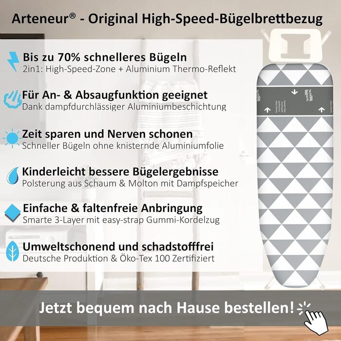 Покриття для прасувальної дошки arteneur® Made in Germany, 120x40 см, відбиває тепло, гумка, зона ковзання, OEKOTEX100, 4 розміри, для парогенератора та праски