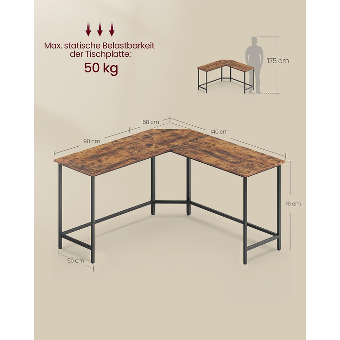 Кутовий письмовий стіл VASAGLE L-подібний комп'ютерний стіл, 140 x 140 x 74,7 см, вінтажний коричневий та чорний