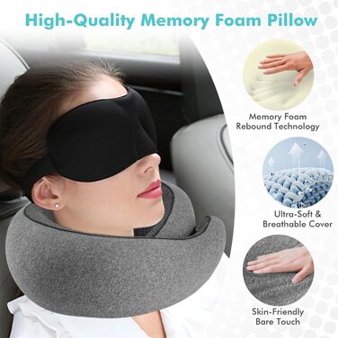 Подушка для шиї у літак, Memory Foam, ортопедична, компактна, для тривалих перельотів. З 3D-маскою для сну та берушами. Ваш незамінний супутник у подорожах