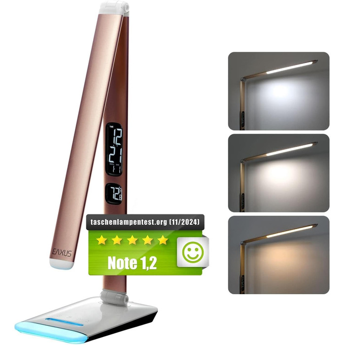 LED лампа Eaxus® для робочого столу 12 Вт з RGB підсвічуванням - регульована настільна лампа 500 lm, сенсорне управління, годинник, календар та індикатор температури, офісна лампа, аксесуари для столу, мідного кольору