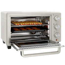 HOMCOM Mini Oven with Rotisserie, Small Oven 21L Toaster Oven with 1 Wire Rack and 1 Baking Tray, 3 Cooking Modes, 100°C-230°C, Stainless Steel, Glass, Cream White
