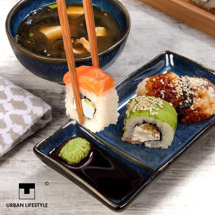 Набір для суші Urban Lifestyle на 2 особи: посуд з кераміки з реактивною глазур'ю, 2 тарілки, 2 мисочки для рису та супу, 2 палички, Marineblau MISAKI блакитний