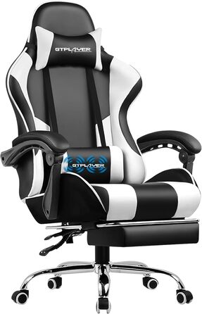 Ігрове крісло GTPLAYER з масажем, ергономічне, з підставкою для ніг, підголівником, масажною подушкою для попереку, оббивка з білого екошкіри, офісне комп'ютерне крісло