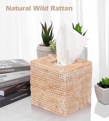 Rattan Cosmetic Tissue Box, 14 x 14 x 14.5 cm, Handwoven Square Tissue Box, Natural Decorative Tissue Box, Tissue Box Dispenser (Square, White)