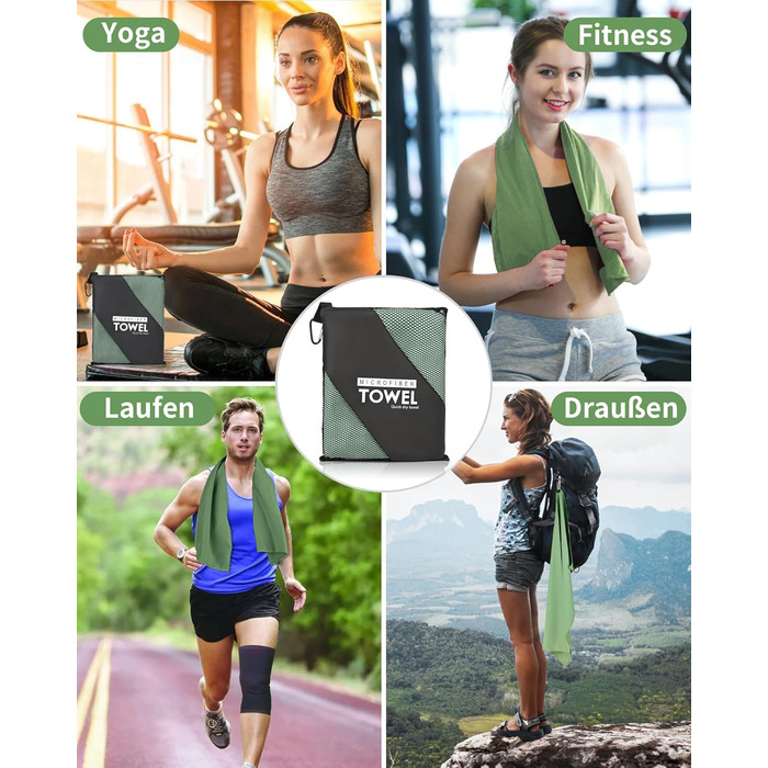 Набір з 3 рушників з мікрофібри, 180x80 см + 2 рушники 80x40 см, для фітнесу, сауни, пляжу, подорожей, темно-зелений