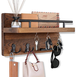 Настінна вішалка для ключів на 5 гачків, дерев'яна дошка для ключів з полицею, настінний органайзер для ключів, рустикальна вішалка для ключів, органайзер для ключів, декор для дому (колір: коричневий)