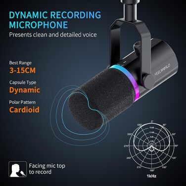 FEELWORLD PM1 Динамічний мікрофон XLR/USB з RGB-підсвічуванням для запису подкастів, геймінгу та YouTube. Комплект з підсвічуванням, навушником, підставкою та XLR-кабелем