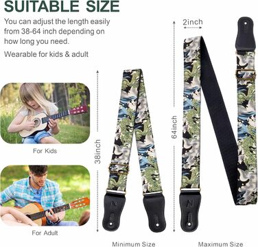 Японський гітарний ремінь Nefelibata з бавовни для акустичної гітари та укулеле, адаптер для голівки грифа, медіатори, регульована довжина 38'-64', візерунок дракона