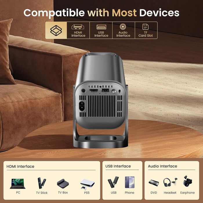 Міні проєктор Beamer 4K 1080p з Android 12.0, WiFi 6, Bluetooth 5.4, 22000 люмен, автокорекція трапецеїдальних спотворень, поворот 270°, підключення PC/HDMI/USB/TF, сірий