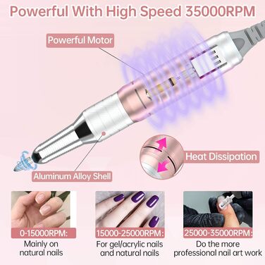 Електричний фрезер для нігтів Delanie 35000 об/хв: набір для манікюру з насадками, регулювання швидкості та напрямку, рожеве золото