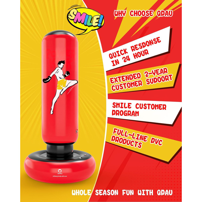 Дитячий боксерський мішок QPAU з рукавичками, 168 см, стабільний надувний боксерський мішок для дітей 6-12 років, подарунок для хлопчиків та дівчаток (Червоний)