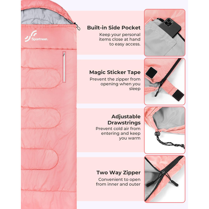 3-4 Season Sleeping Bag - Waterproof & Lightweight Sleeping Bag for Camping, Travel & Outdoor Activities - Adult Size (Pink)