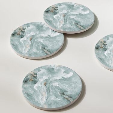 Set of 6 abstract dark blue marble coasters with holder, absorbent ceramic coasters for drinks, coasters with cork backing for table protection, housewarming gifts (Abstract Green Marble)
