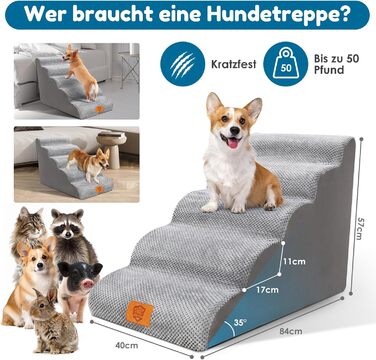 Myiosus Dog Stairs, 2 Steps Pet Stairs, Waterproof Dog Steps Made of Sponge, Non-Slip Dog Ramp for Sofa Bed, Washable Cover Dog Stairs, Portable Cat Stairs (5-Step Dog Stairs, Grey)