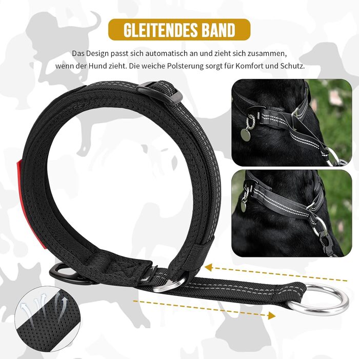 Нашийник для собак OneTigris Zug-Stopp, м'який, широка стрічка з відбиваючими елементами, чорний, XL, для середніх та великих собак