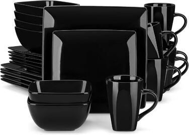 Vancasso Dinnerware Set, 24 Piece Stoneware SOHO Square Dish Set for 6 People, Combination Set, Square 24 Piece Black