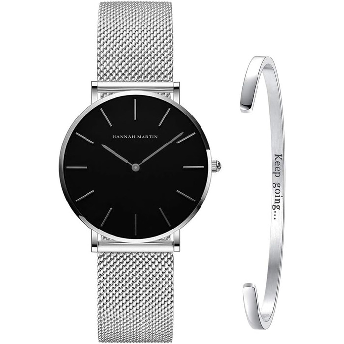 Жіночий годинник: аналоговий кварц, нержавіюча сталь, водонепроникний, сітка, ультратонкий комплект з браслетом (чорний корпус, срібний ремінець, срібний браслет)