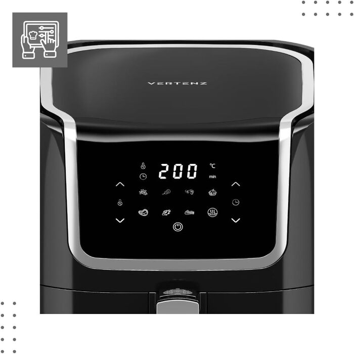 Фритюрниця VERTENZ Taste 70, 7,7 л, аерофритюрниця XXL, 1800 Вт, LED-екран, 8 програм, антипригарний кошик, без олії, чорна