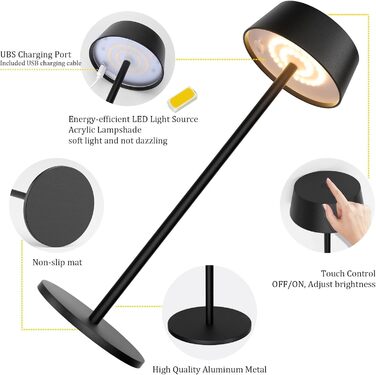 Акумуляторна LED настільна лампа Klighten з димером, сенсорна, металева (алюміній), IP54, тепле світло 3000K, антрацит