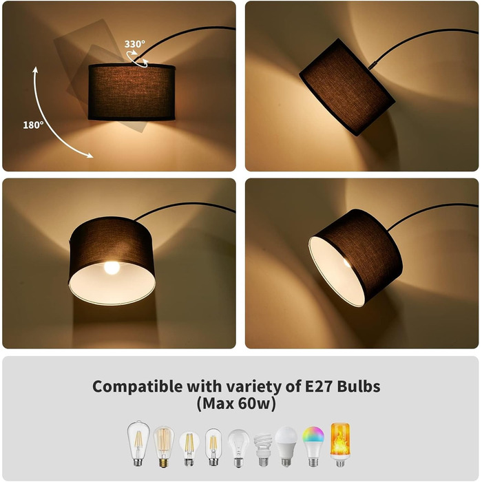 Торшер арковий Modlicht Jasmin I з LED E27, чорний тканинний абажур 33 см, педальний вимикач, вінтажний, для вітальні та спальні