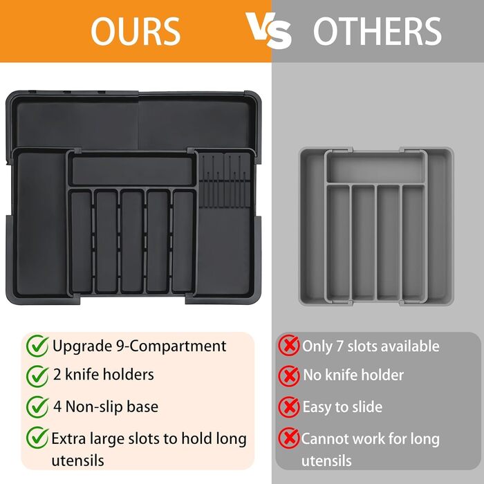 Органайзер для столових приборів в шухляду, розширюваний, чорний - Кухонний органайзер для шухляди