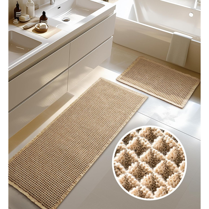Boho Bathroom Rug Set - Non-Slip Bath Mats (2 Piece) - Washable Shower Rugs for Bathroom, Bedroom, Living Room - 51x120cm + 41x61cm Brown