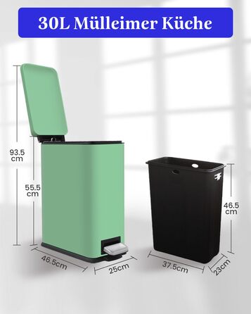 Відро для сміття кухонне 30л, нержавіюча сталь, з кришкою, внутрішній відерцем, прямокутне, зелене