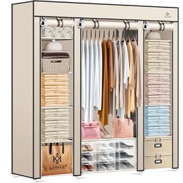 KESSER® Wardrobe Clothes Rack Stable with Clothes Rail & Shelves, Incl. 5x Clothes Hangers, Fabric Folding Wardrobe for Bedroom, Dressing Room Clothes Rack 150x45x175cm (Beige)