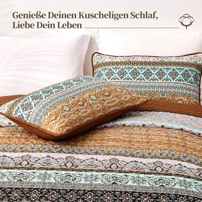 WONGS BEDDING Quilt Cover 220x240 Bedspread Bohemian Throw Blanket Stepped Quilt 3-Piece Double Bed Quilted Blanket Microfiber Living Blanket with 2 Pillowcases 50x70 for Bedroom as Sofa Cover (Bohemian) (220x240 cm, Brown)