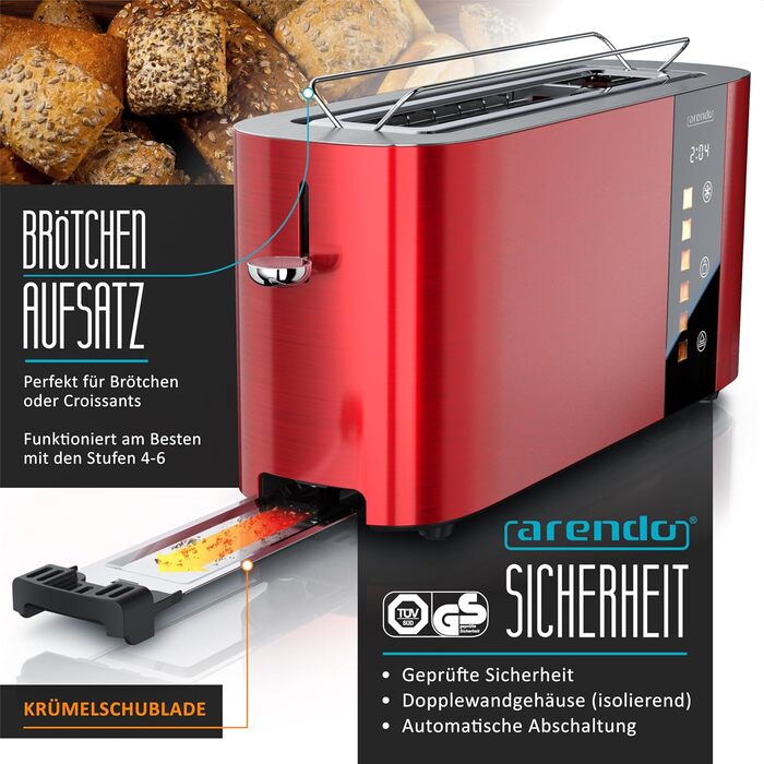 Тостер Arendo з нержавіючої сталі, 2 слоти, сенсорний дисплей, подвійні стінки, насадка для тостів, 6 рівнів підсмажування, центрування хліба, таймер, пам'ять - Чорний (D: Karminrot)