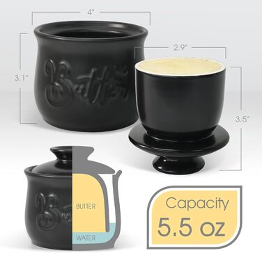 Ceramic butter dish, 156 ml, with water and butter dispenser, holder for spreadable butter, French butter crock with lid, butter container for kitchen countertop, black kitchen decoration