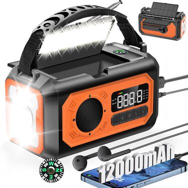 Радіоприймач Kurbelradio на 12000mAh з ручним зарядним пристроєм, сонячною панеллю, AM/FM, радіо для надзвичайних ситуацій, 7-в-1, SOS, ліхтарик, роз'єм для навушників, компас, ліхтар, оранжевий