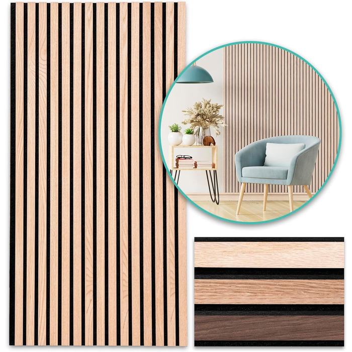 Акустичні настінні панелі KARAT з натурального шпону дуба (White Oak), ламелі з дерева та фетру для шумоізоляції та звукопоглинання, 118 x 60 см