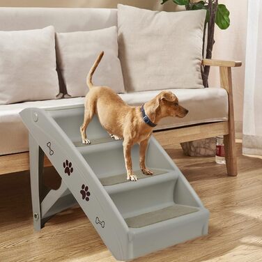 YRHome Foldable Pet Stairs - 4 Step Dog Ramp for Cats & Dogs up to 75kg - Non-Slip Mat & Support Bar - Grey