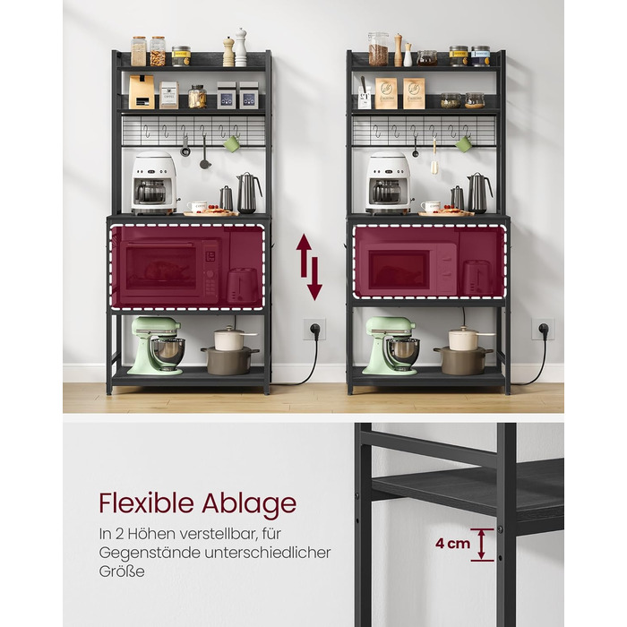 Стелаж кухонний VASAGLE з розетками, для мікрохвильової печі, з решіткою, 14 гачків, 40 x 80 x 170 см, антрацит-чорний