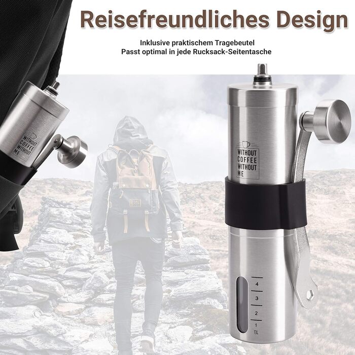 NOUTEN® Преміум ручна кавомолка з керамічним жорном - компактна кавомолка з сумкою та кріпленням для подорожей, плавне регулювання помелу