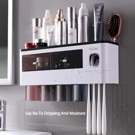 Automatic Toothpaste Dispenser with Space-Saving Toothbrush Holder for Bathroom, 4 Transparent Magnetic Cups, 7 Toothbrush Slots, 1 Cosmetic Organizer Drawer (4 Cups)