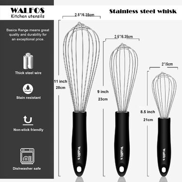 Венчик кухонний Walfos силіконовий (3 шт.): 21.6 см, 25.4 см, 30.5 см, нержавіюча сталь, чорний - для збивання та перемішування