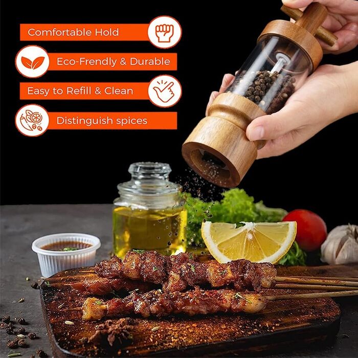 Auciej Pepper Grinder Wooden Salt Grinder Manual Spice Grinder Set with Adjustable Ceramic Grinder, Salt and Pepper Grinder with Coaster for Spices, Pepper, Salt, 2-Piece Set, Height: 18 cm