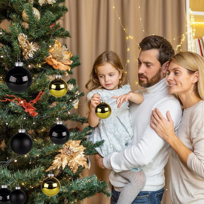 Набір ялинкових прикрас Hengsong - 24 чорні скляні кулі з золотом, 6 см