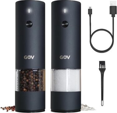 GOV Electric Pepper and Salt Grinder Set - 45 ml Black Edition - USB-C Rechargeable - 6 Adjustable Grind Sizes - Stylish Black Stainless Steel Design with LED Lamp