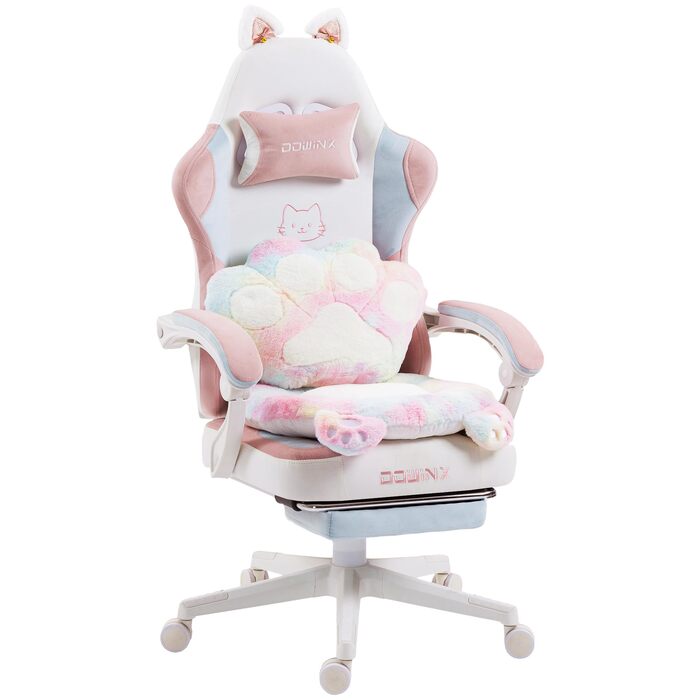 Ігровий крісло Dowinx Ergonomiczne з підніжкою, рожевий котячий дизайн, для дорослих, білий колір