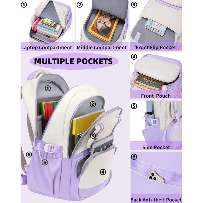 Шкільний рюкзак Aryan для жінок, підліток, дівчата, хлопці. Легкий, з відділенням для ноутбука, для подорожей, навчання, роботи (фіолетовий)
