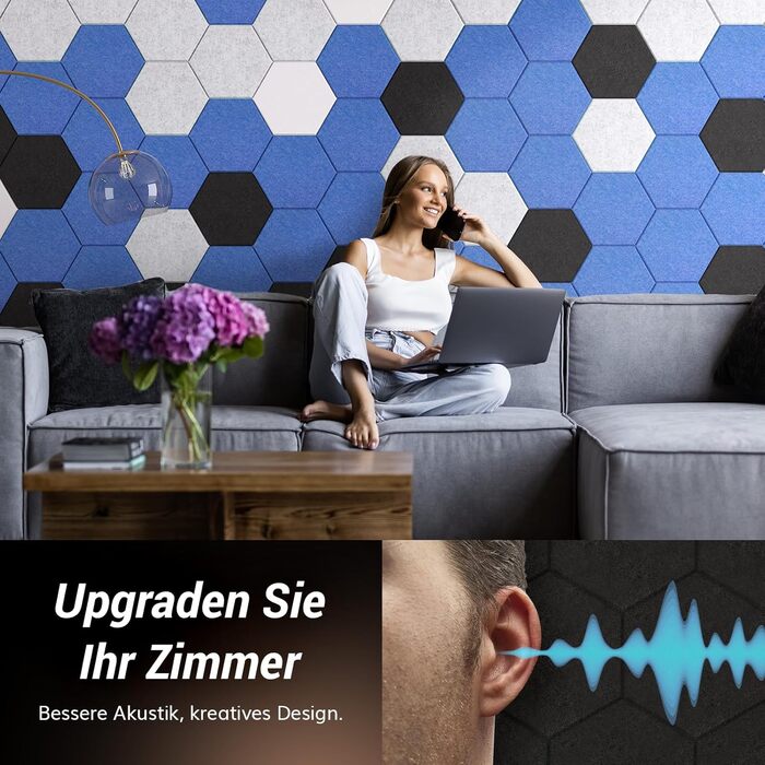 Акустичні гексагональні панелі TONOR самоклеючі, звукопоглинаючі шестикутні плитки для шумоізоляції стін (48 шт, чорні), 30x26x1 см для студії, офісу та геймерської зони