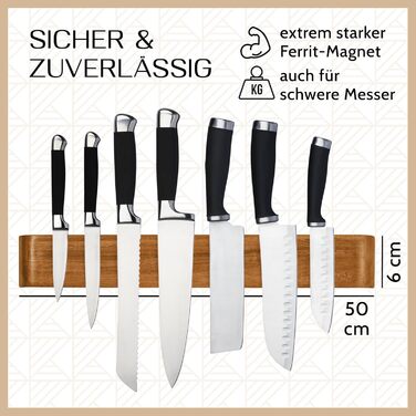 KÖKSMAGI® Magnetic Knife Strip OSKAR (50 cm) - magnetic wooden knife strip with extremely strong magnet for heavy knives - self-adhesive (3M adhesive tape) & with drilling accessories