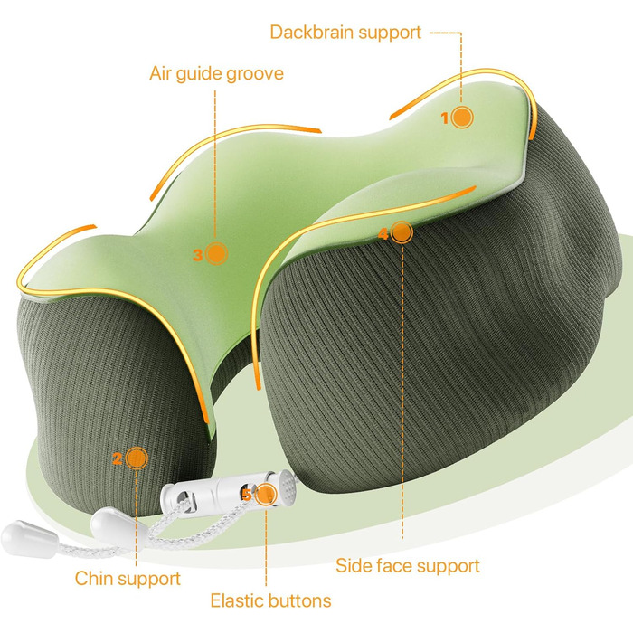 Подушка для шиї у подорожах, Memory Foam, ергономічна підтримка шиї | Подушка для шиї, подушка-ролик | Для подорожей, офісу, літака та дому, зелена