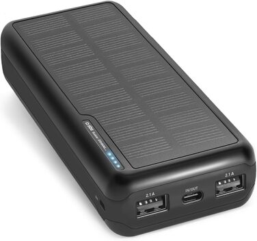 Powerbank SBS Solar 20000mAh з сонячною панеллю, швидкою зарядкою, LED-індикатором, USB-C, USB-A, чорний