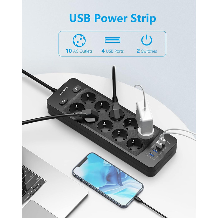 Мережева розетка JSVER 10 з USB, 4 порти зарядки, 16A, з вимикачем, 2м кабель, для смартфонів, ноутбуків, iPad – білий/чорний