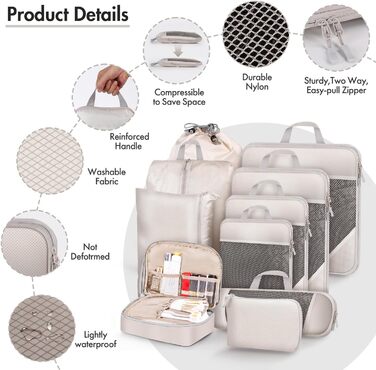 Набір органайзерів для валізи 10 шт. Packing Cubes з компресією, бежевий - органайзери для подорожей, сумки для одягу