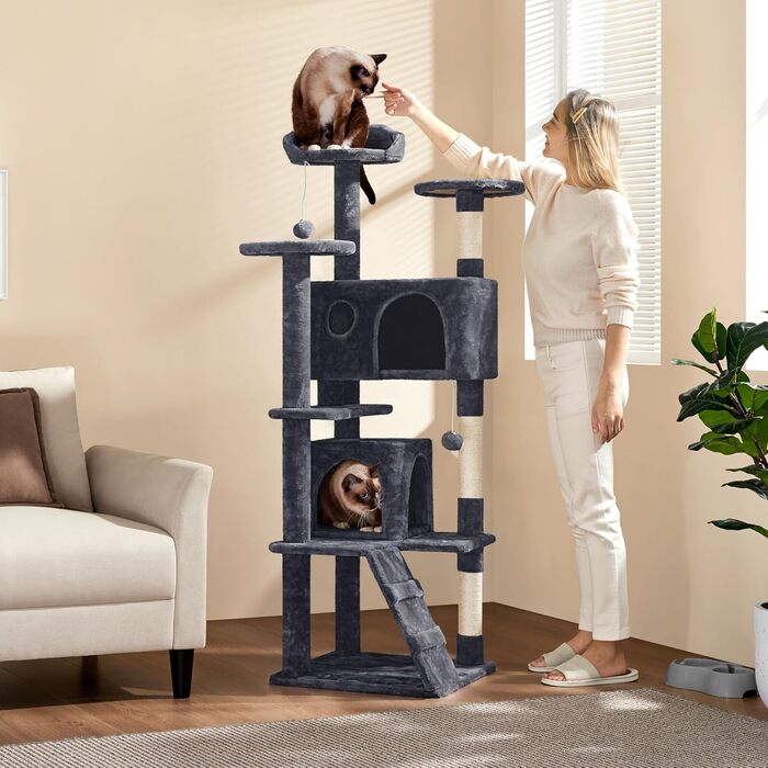 Кігтеточка для котів Yaheetech, велика, 158 см, з 3 платформами, 3 стовпчиками для заточування, 2 будиночками, м'ячиками, сірого кольору